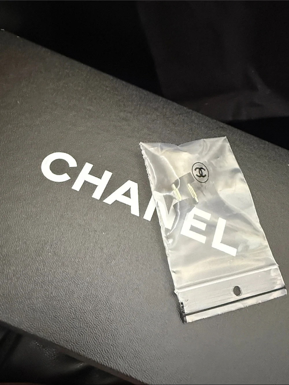 CHANEL Black Patent Peep-Toe Stiletto Pumps with Gold CC Heel Accent
